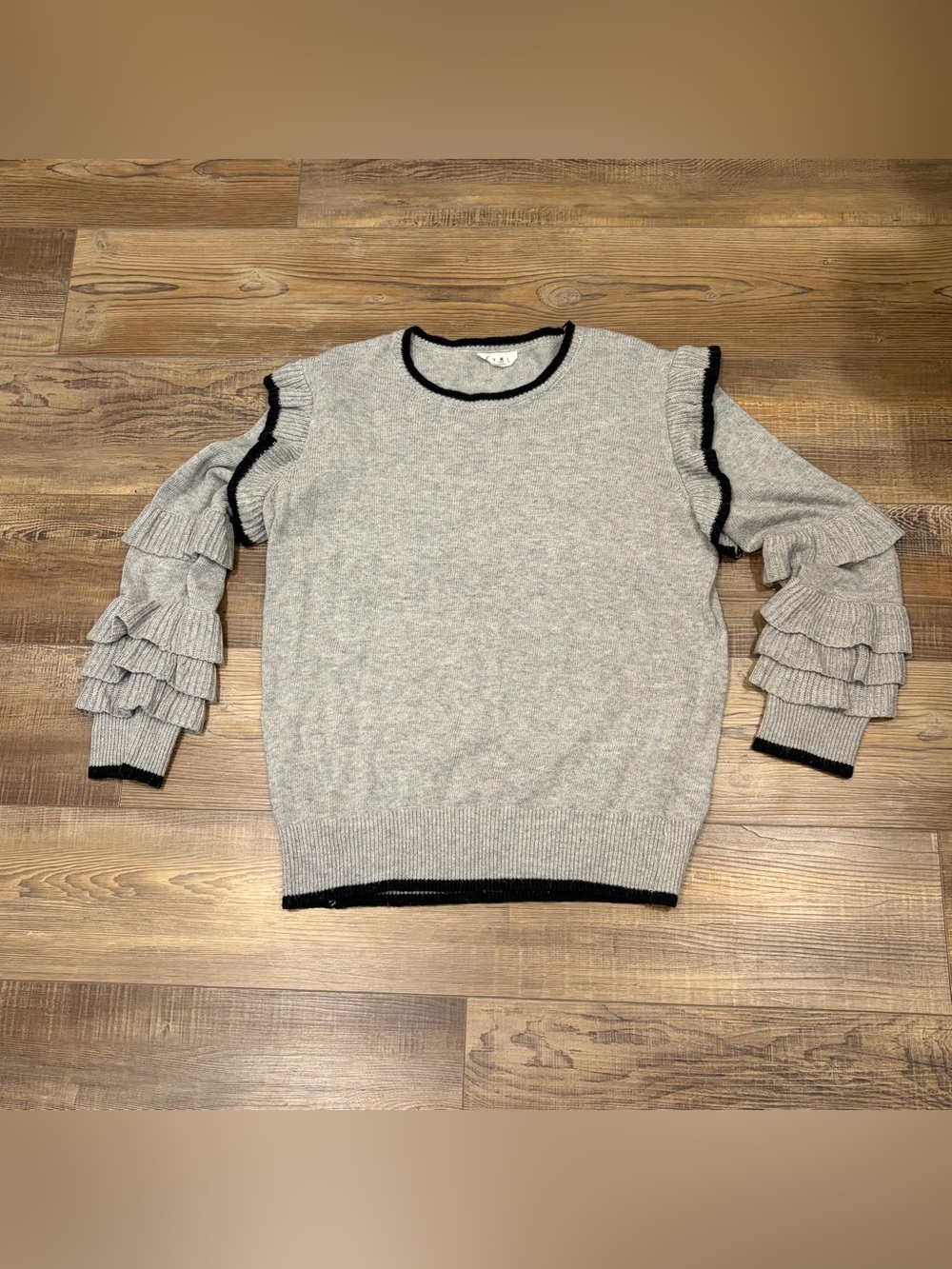 THML Gray Crewneck Sweater with Black Trim and Ruffle Sleeves